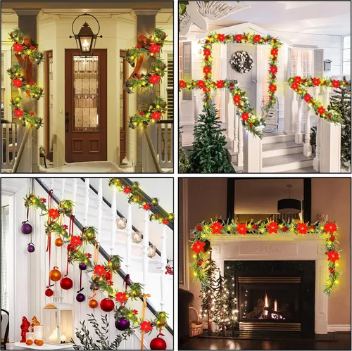 Vista 7 de DR.DUDU Guirnalda de Navidad artificial preiluminada de 9 pies con 30 luces LED, alimentada por baterías con conos de pino, bayas rojas, agujas