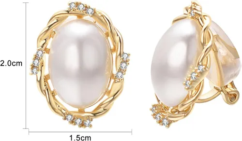 Vista 2 de Yoursfs Aretes de clip de perlas blancas grandes para mujer, chapados en oro de 18 quilates, hipoalergénicos, sin perforaciones, joyería brillante