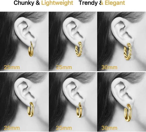 Vista 6 de Juego de aretes de aro gruesos chapados en oro real de 14 quilates para mujer, hipoalergénicos, gruesos, ligeros, para mujer, 20253040502.362in