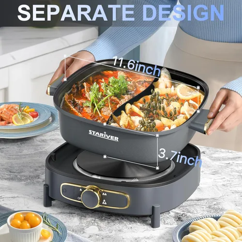Vista 2 de Stariver Olla Caliente Eléctrica con Divisor, Grande de 6L Antiadherente Olla Eléctrica de Doble Sabor Shabu Shabu, Olla Caliente de 1500W con 3