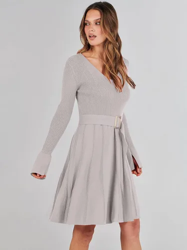 Vista 4 de ANRABESS Vestido tipo suéter de manga larga con cuello en V y lazo en la cintura, plisado, acampanado, elegante, de punto acanalado, vestido midi
