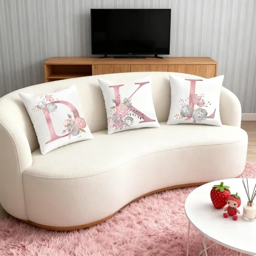 Vista 6 de Fundas de almohada rosa, lindas fundas de almohada decorativas con alfabeto, fundas de cojín cuadradas, protectores de almohada con letras