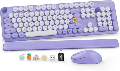 Vista 18 de Combo de teclado y mouse inalámbricos, teclado retro con teclas redondas, teclado estilo máquina de escribir de tamaño completo con reposamuñecas