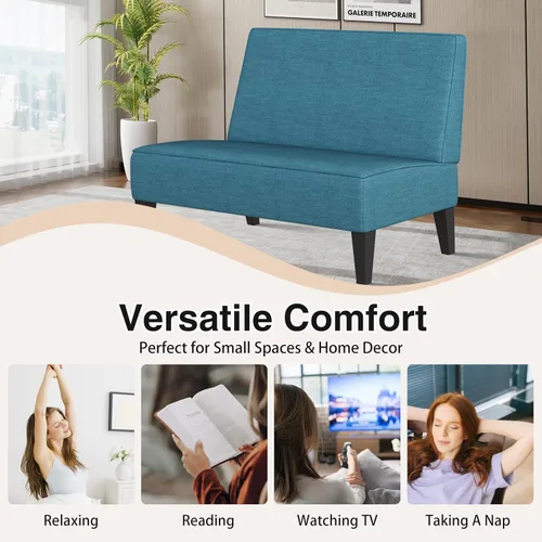 Vista 5 de Acolchado Lino sin brazo settee Loveseat sofá Home informal sala dormidor, Tela, Azul