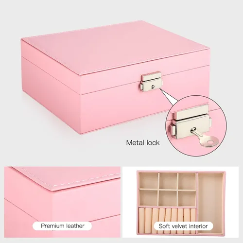 Vista 5 de Joyero organizador para mujeres y niñas, 2 capas grandes para hombre, estuche de almacenamiento de joyas de piel sintética con bandeja extraíble