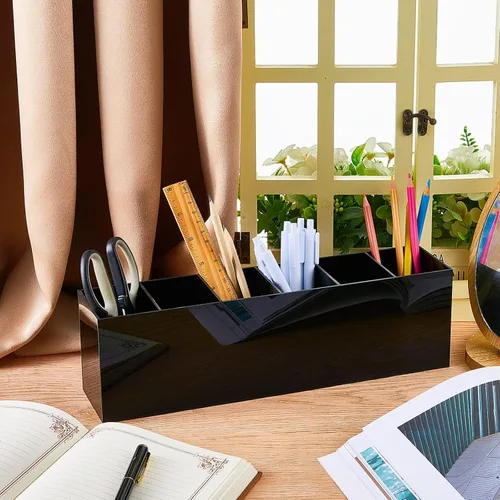 Vista 4 de Paquete de 2 soportes acrílicos para brochas de maquillaje, 6 compartimentos, organizador de lápices, soporte para lápices de escritorio