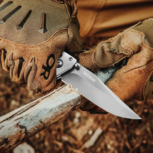 Vista 3 de Cuchillo plegable de bolsillo – EDC Tactical Gentleman's Survival Camping Knife – Hoja de acero inoxidable 8Cr13MoV, mango de madera, bloqueo