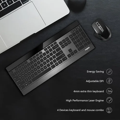 Vista 5 de RAPOO Combo de teclado inalámbrico y mouse láser, multidispositivo (Bluetooth 4.0+3.0+2.4G), teclado de computadora ultra delgado, diseño compacto