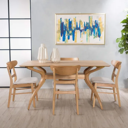 Vista 2 de Christopher Knight Home Idalia - Juego de comedor rectangular de patas curvas, juego de 5 piezas, roble natural y beige claro