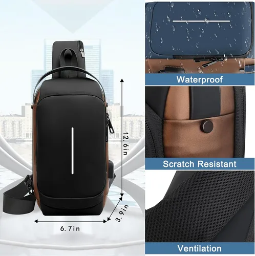 Vista 5 de Bolso bandolera con recarga USB, mochila deportiva impermeable en el pecho, mochila de hombro para viajes y viajes, Negro dorado, Ocio