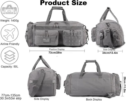 Vista 2 de LHI Bolsa de lona táctica de 50 L para hombres, bolsa de lona y mochila 3 en 1, compartimento para zapatos, funda para laptop y MOLLE, bolsa