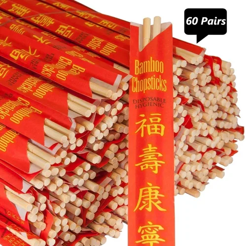 Vista 2 de ROYALNA 60 pares de palillos palillos desechables de bambú prémium tratados con rayos UV con mangas y separados (bambú, 60 pares)