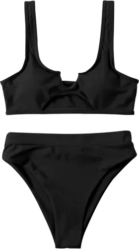 Vista 4 de SUUKSESS - Conjunto de traje de baño de bikini con recortes para mujer, push up, cintura alta, 2 piezas