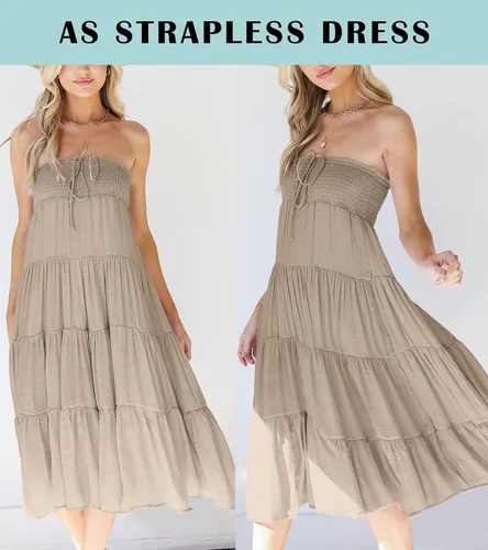 Vista 3 de HAEOF Falda larga de verano para mujer, estilo bohemio, con cintura fruncida, con volantes, escalonada, casual, para la playa, vestido por debajo