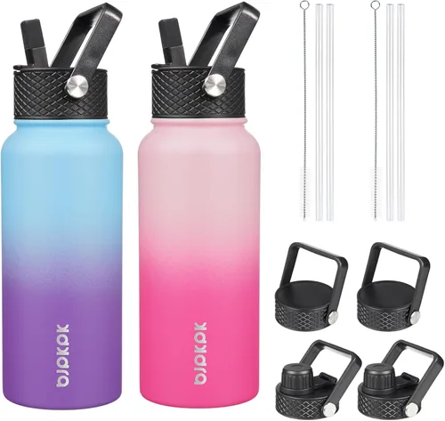 Vista 27 de BJPKPK Paquete de 2 botellas de agua aisladas con tapas con pajita, botella de agua de metal de acero inoxidable de 18oz con 6 tapas, jarras a