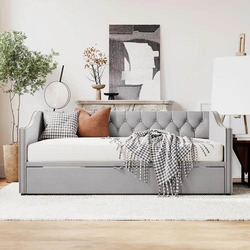 Vista 4 de Harper & Bright Designs Sofá cama extensible de terciopelo de tamaño individual con nido desplegable, marco de sofá cama individual a King con Gris