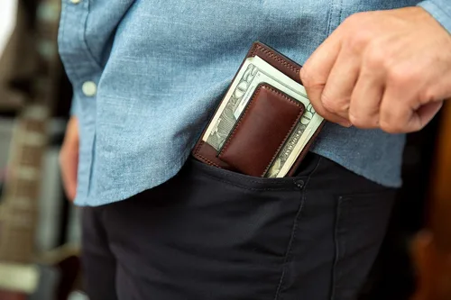 Vista 7 de Bosca Cartera de cuero con bolsillo frontal de lujo para hombre, Marrón oscuro