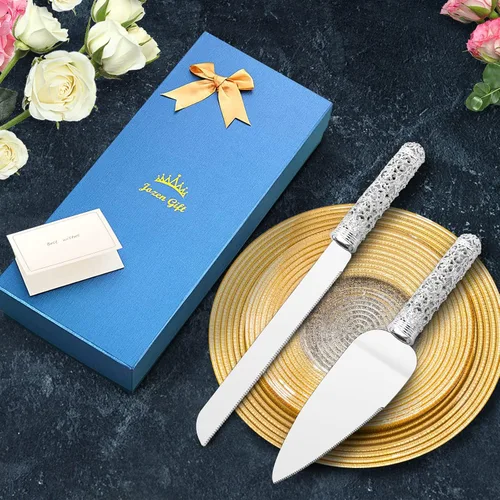 Vista 4 de Juego de cuchillo y servidor de plata para boda, juego de 2 piezas de postre con mango de metal con piedras de cristal para decoración de bodas