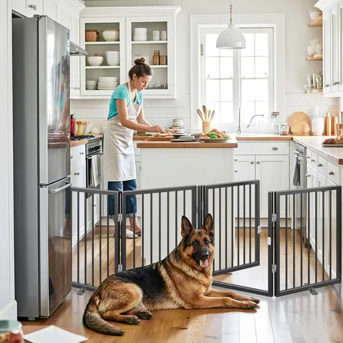Vista 5 de Vantas Puerta plegable de metal para mascotas sin ensamblaje, puerta de 80" de ancho, puerta para perros de 24" extra alta con puerta de paso