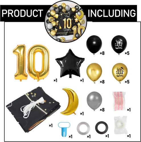 Vista 3 de Juego de globos dorados de feliz cumpleaños número 10 – Saludos a los 10 años de edad, guirnalda temática de fiesta con estrellas y luna, decoración