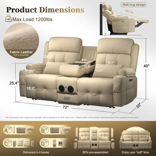 Vista 119 de Sofá de Dos Plazas Reclinable, Sofá Reclinable de Masaje con Gran Capacidad de Peso, Silla de Dos Plazas para RV en Liquidación con Consola, USB