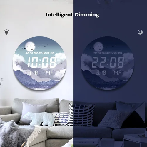 Vista 5 de Reloj de pared digital SCOAGE con luz nocturna MoonCloud moderno de 7 niveles de brillo 12/24H LED automático con temperatura fecha hora pantalla