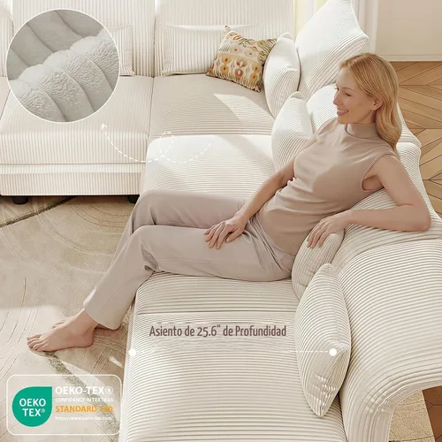 Vista 5 de LLappuil - Sofá seccional en forma de L con almacenamiento, sofás seccionales modulares beige de pana para sala de estar con brazos y respaldos Pana