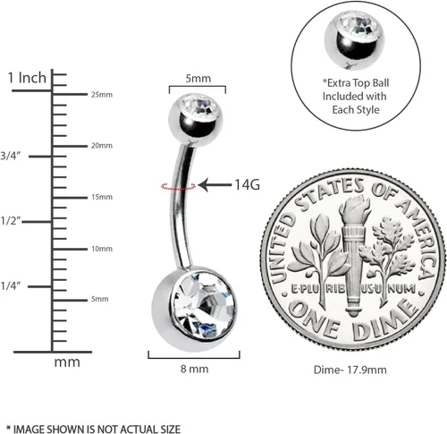 Vista 3 de BodyJ4You Juego de 5 anillos de ombligo de acero inoxidable CZ 14 G para mujer, 5 bolas de repuesto