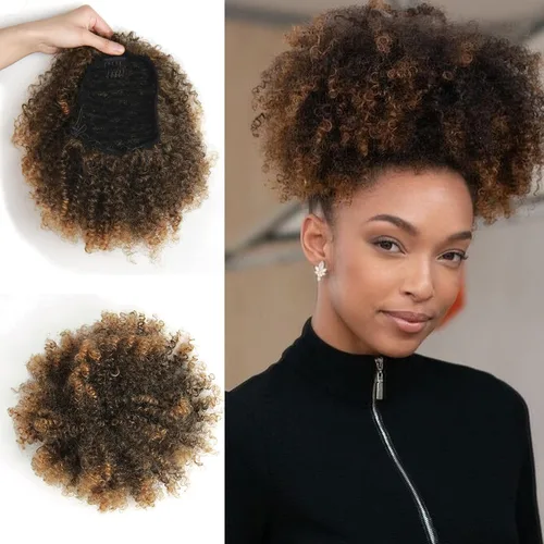 Vista 12 de Extensión de cola de caballo afro rizada encrespada con cordón para mujeres, cola de caballo afro con cordón, rizos encrespados sintéticos, piezas
