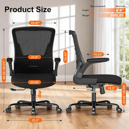 Vista 3 de Silla de oficina ergonómica, cómoda silla de escritorio de malla con reposabrazos abatibles y ruedas de rodadura suave, silla de computadora