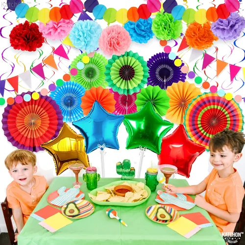 Vista 7 de KatchOn, Juego de decoraciones del Cinco de Mayo, paquete de 37, abanicos de papel para fiestas, decoraciones de fiesta Bandera mexicana, pompones