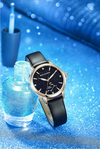 Vista 4 de BRIGADA Relojes de constelación de cristal luminoso para mujer con correa de cuero negro impermeable para mujer