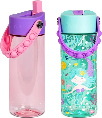 Vista 7 de Elemental Botellas de agua para niños – Botella de agua para niños Splash para la escuela con mango Pop-it – Botella de agua de plástico Tritan sin