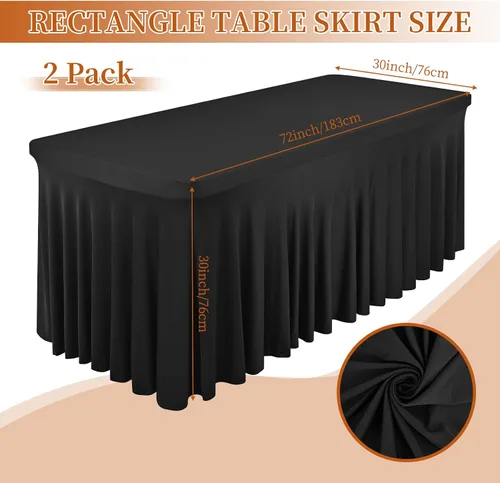 Vista 2 de Pesonlook Paquete de 2 faldas de mesa de elastano para mesas rectangulares de 6 pies, mantel elástico ajustable color negro, de 30 x 72 pulgadas