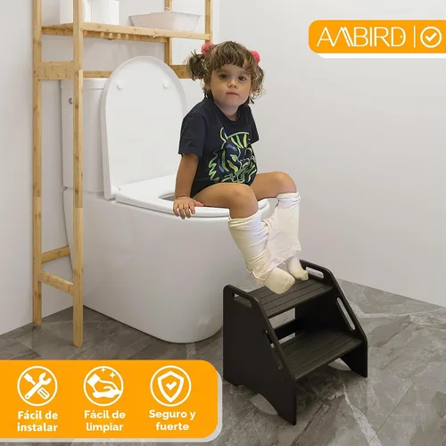 Vista 4 de AMBIRD Taburete de madera – Capacidad de dos pasos de 300 libras con almohadillas antideslizantes de seguridad y asas, bambú para baño, cocina Negro