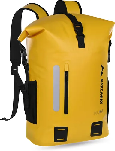 Vista 8 de MARCHWAY Mochila impermeable con parte superior enrollable, bolsa seca flotante de 20L/30L/45L con base rectangular ergonómica, espalda acolchada