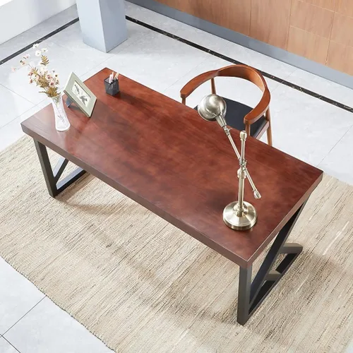 Vista 4 de Mesa industrial moderna de madera maciza, escritorio de computadora para oficina en casa, escritorio de estudio con soporte de metal y panel