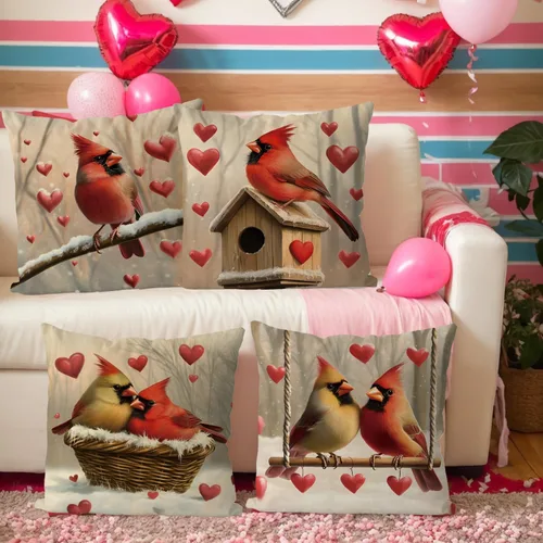 Vista 5 de Juego de 4 fundas de almohada para el día de San Valentín de 18 x 18 pulgadas, juego de 4 fundas de almohada cardenales, decoración de casa
