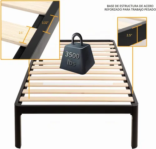 Vista 3 de MAF - Base de cama de plataforma de 14 pulgadas para cama individual con listones de madera, base de cama de metal resistente de 3500 libras