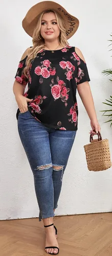 Vista 5 de Yiwixi Camisetas casuales de verano para mujer, con hombros descubiertos, manga corta, cuello redondo, ajuste holgado, tallas grandes, plisadas