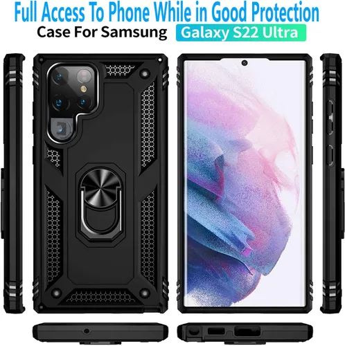 Vista 3 de STARSHOP Funda compatible con Samsung Galaxy S22 Ultra, de grado militar, a prueba de golpes, de doble capa protectora con anillo de metal giratorio