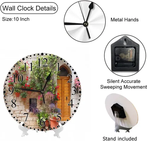 Vista 3 de Italian Hill Town of Assisi - Reloj de pared de 10 pulgadas, funciona con pilas, flores coloridas fuera de un hogar, reloj moderno silencioso sin