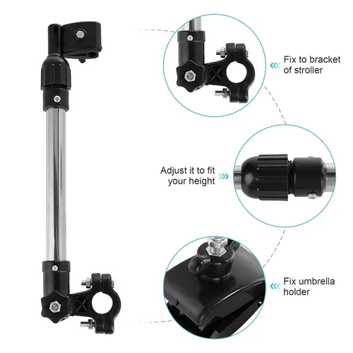 Vista 3 de Soporte para paraguas para cochecito de bebé, paraguas retráctil ajustable de 360°, soporte de acero inoxidable, accesorios para actividades al aire
