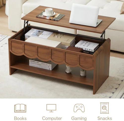 Vista 11 de Mesa de centro elevable con compartimento oculto, mesa central de madera de 2 niveles con panel ondulado, moderna mesa elevadora para el hogar, sala
