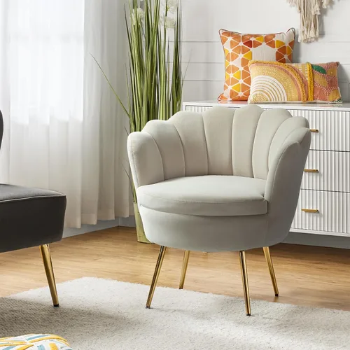 Vista 26 de HULALA HOME Silla decorativa moderna de terciopelo con respaldo en forma de concha, bonito sillón para sala de estar, dormitorio con patas doradas