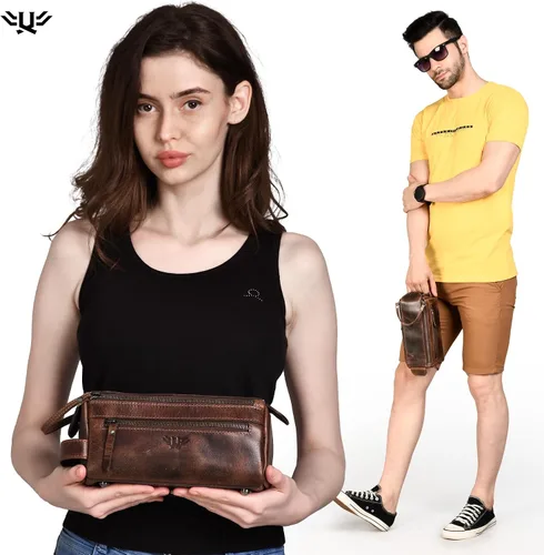 Vista 2 de Neceser de cuero hecho a mano de primera calidad para hombres y mujeres, kit de cuero genuino Dopp y bolsa de afeitar para hombres, bolsa