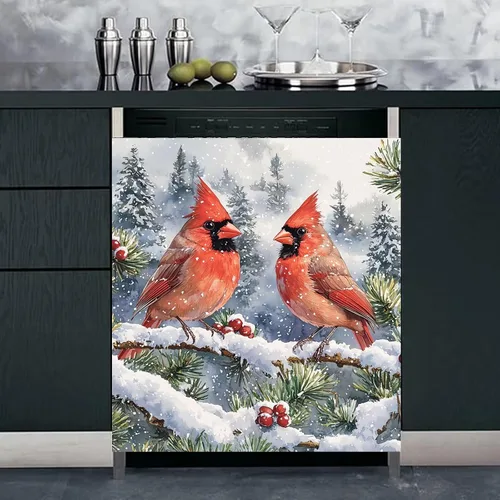 Vista 2 de Adhesivo magnético para lavavajillas de invierno, diseño de pájaros rojos para cocina, cubierta de lavavajillas, reutilizable, para panel