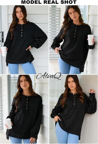 Vista 74 de AlvaQ - Sudadera de gran tamaño para mujer, informal, de manga larga, con botones y cuello Henley, tipo túnica