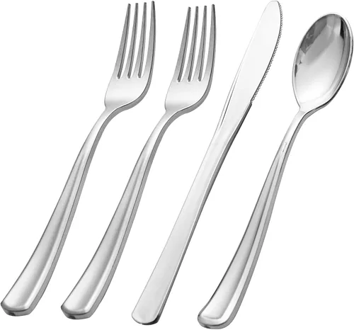 Vista 11 de WDF 300 cubiertos de plástico dorado desechables, cubiertos de plástico resistente, juegos de cubiertos dorados que incluyen 100 tenedores, 100