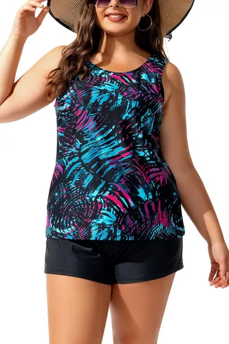 Vista 6 de Beautikini Traje de baño tankini de talla grande para mujer, camiseta de tankini atlética con pantalones cortos de cintura alta, trajes de baño